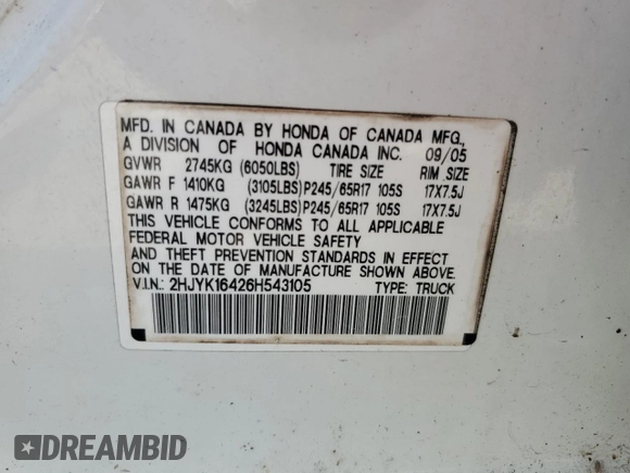 2006 Honda Ridgeline RTS with VIN 2HJYK16426H543105, listed as a Copart auction lot 55626035 with 285,927 mi miles and Clean Title. Bid and sale history available at carsss.com. Image 12.