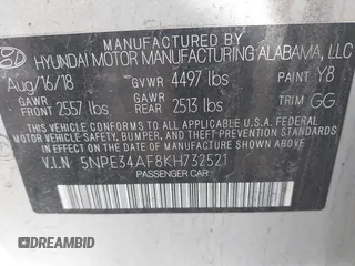 2019 Hyundai Sonata SEL with VIN 5NPE34AF8KH732521, listed as a IAAI auction lot 42016541 with 62,022 mi miles and . Bid and sale history available at DreamBid. Image 9.
