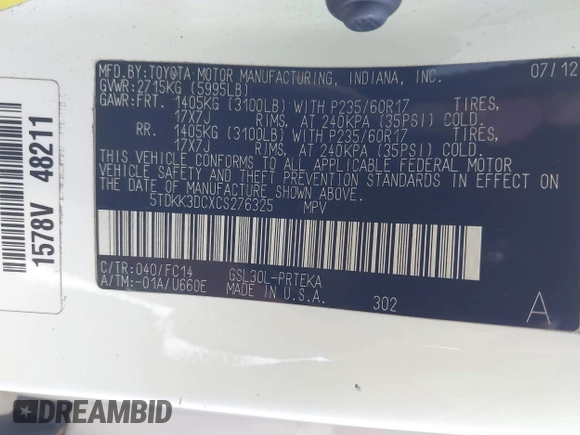 2012 Toyota Sienna LE AAS with VIN 5TDKK3DCXCS276325, listed as a IAAI auction lot 41791385 with 133,635 mi miles. Bid and sale history available at carsss.com. Image 9.