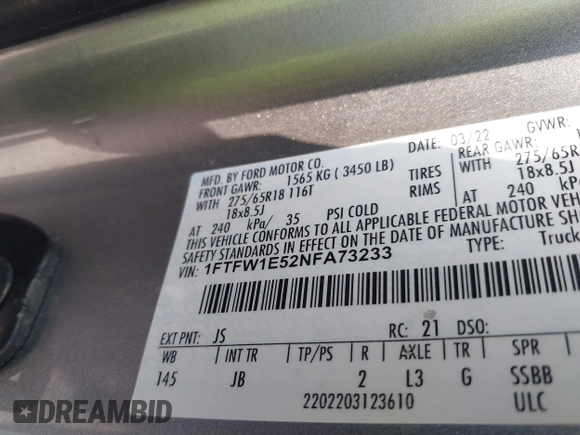 2022 Ford F-150 XL with VIN 1FTFW1E52NFA73233, listed as a IAAI auction lot 42311048 with 14,298 mi miles and . Bid and sale history available at DreamBid. Image 9.