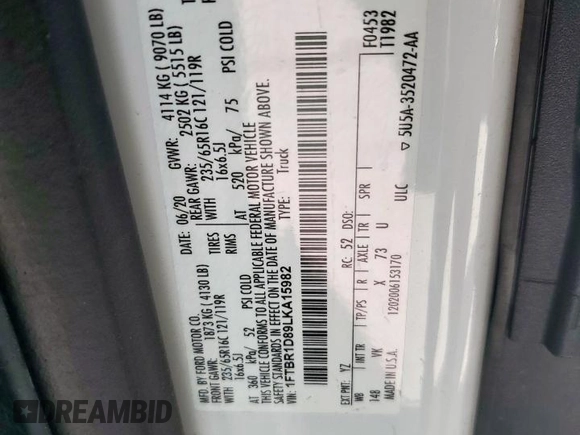 2020 Ford Transit z VIN 1FTBR1D89LKA15982, wystawiony jako Copart lot #52732815 z przebiegiem 70 683 mil mil oraz Szkoda całkowita • Salvage title. Historia ofert i sprzedaży dostępna na DreamBid. Obrazek 13.