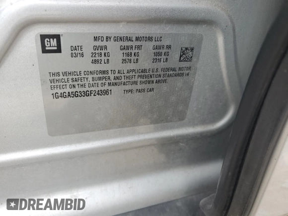 2016 Buick LaCrosse with VIN 1G4GA5G33GF243961, listed as a Copart auction lot 67315534 with 103,860 mi miles and Salvage title. Bid and sale history available at DreamBid. Image 14.