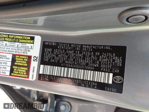 2025 Toyota Camry LE with VIN 4T1DAACK6SU510894, listed as a IAAI auction lot 42048585 with 12,601 mi miles and . Bid and sale history available at DreamBid. Image 9.