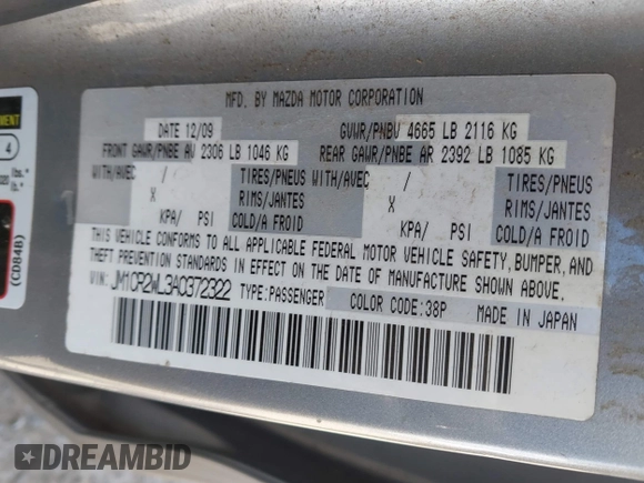 2010 Mazda 5 Sport with VIN JM1CR2WL3A0372322, listed as a IAAI auction lot 42354466 with 249,661 mi miles and . Bid and sale history available at DreamBid. Image 9.