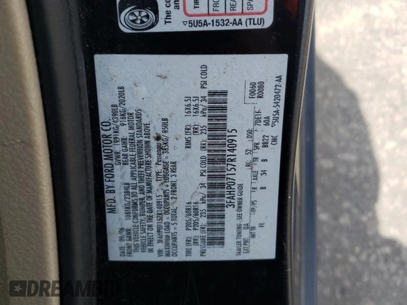 2007 Ford Fusion SE with VIN 3FAHP07157R140915, listed as a Copart auction lot 53433055 with 290,246 mi miles and Salvage Title. Bid and sale history available at carsss.com. Image 12.