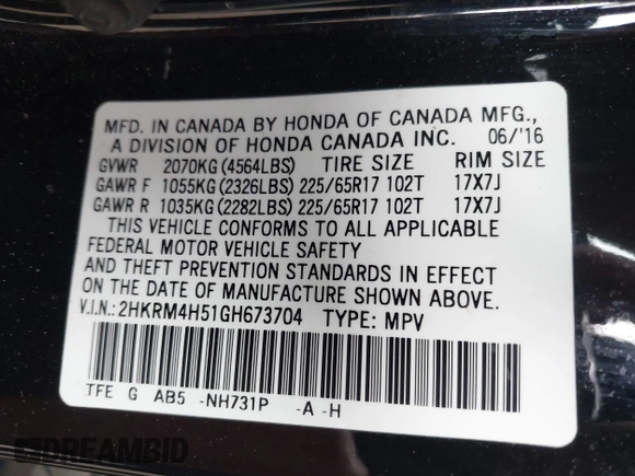 2016 Honda CR-V EX with VIN 2HKRM4H51GH673704, listed as a IAAI auction lot 41966455 with 67,035 mi miles and . Bid and sale history available at DreamBid. Image 9.