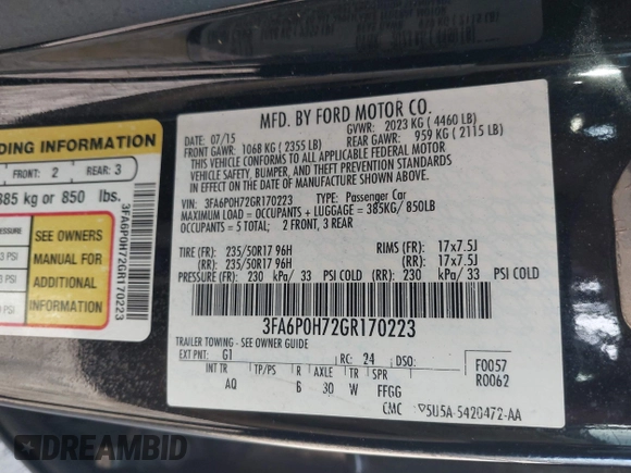 2016 Ford Fusion SE with VIN 3FA6P0H72GR170223, listed as a IAAI auction lot 42615887 with 239,513 mi miles and . Bid and sale history available at DreamBid. Image 9.