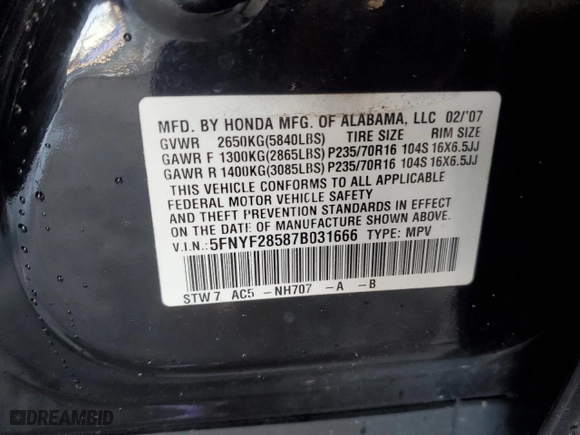 2007 Honda Pilot EX-L with VIN 5FNYF28587B031666, listed as a Copart auction lot 48123895 with 0 mi miles and Salvage Title. Bid and sale history available at carsss.com. Image 13.