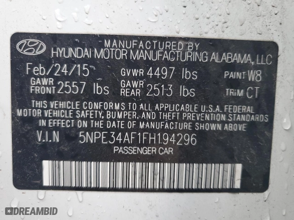 2015 Hyundai Sonata 2.4L Limited with VIN 5NPE34AF1FH194296, listed as a Copart auction lot 77887704 with 126,313 mi miles and Salvage Title. Bid and sale history available at carsss.com. Image 15.
