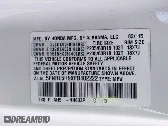 2015 Honda Odyssey Touring Elite with VIN 5FNRL5H9XFB102222, listed as a IAAI auction lot 42485059 with 123,562 mi miles and . Bid and sale history available at DreamBid. Image 9.