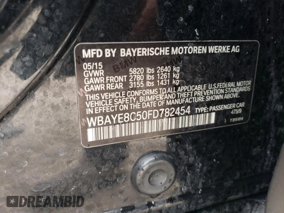 2015 BMW 7 Series 750Li with VIN WBAYE8C50FD782454, listed as a Copart auction lot 85290474 with 0 mi miles and Salvage Title. Bid and sale history available at carsss.com. Image 13.
