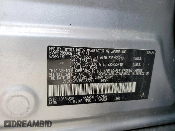 2021 Toyota RAV4 XLE Premium с VIN 2T3A1RFV3MC187245, выставлен на аукционе Copart как лот 60106205 с пробегом 104 373 миль миль и Списание • Salvage title. История ставок и продаж доступна на DreamBid. Изображение 13.