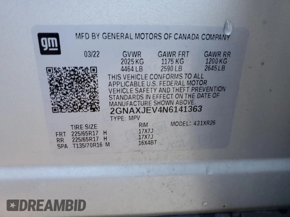 2022 Chevrolet Equinox LT z VIN 2GNAXJEV4N6141363, wystawiony jako Copart lot #55680875 z przebiegiem 153 095 mil mil oraz Szkoda całkowita • Salvage title. Historia ofert i sprzedaży dostępna na DreamBid. Obrazek 13.