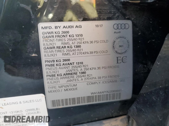2018 Audi SQ5 Premium Plus with VIN WA1A4AFYXJ2069841, listed as a Copart auction lot 69450284 with 68,158 mi miles and Salvage Title. Bid and sale history available at DreamBid. Image 13.