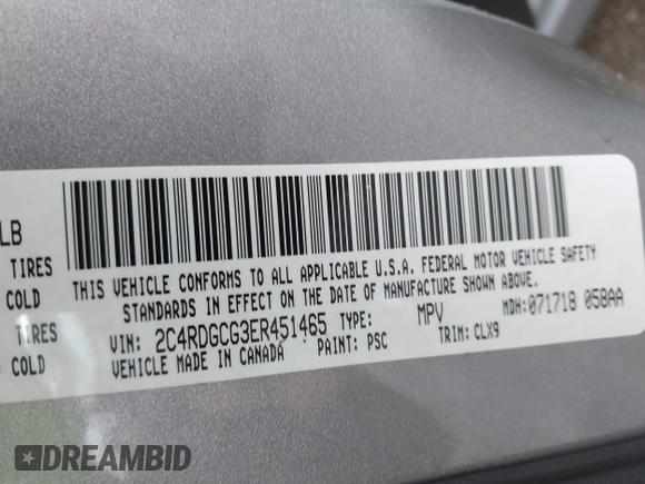 2014 Dodge Grand Caravan SXT with VIN 2C4RDGCG3ER451465, listed as a IAAI auction lot 42111958 with 176,707 mi miles and . Bid and sale history available at DreamBid. Image 9.