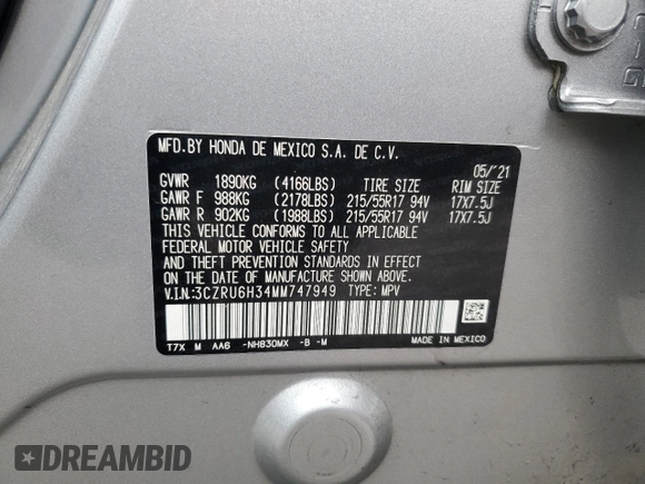 2021 Honda HR-V LX with VIN 3CZRU6H34MM747949, listed as a Copart auction lot 47684195 with 37,110 mi miles and Salvage Title. Bid and sale history available at carsss.com. Image 16.