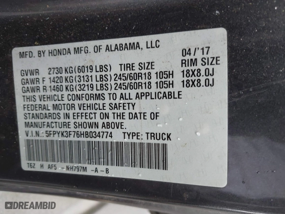 2017 Honda Ridgeline RTL-E with VIN 5FPYK3F76HB034774, listed as a IAAI auction lot 41754824 with 67,451 mi miles. Bid and sale history available at carsss.com. Image 9.
