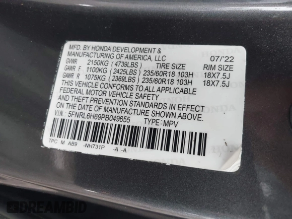 2022 Honda Odyssey EX-L z VIN 5FNRL6H77NB018068, wystawiony jako IAAI lot #42260972 z przebiegiem 37 990 mil mil oraz . Historia ofert i sprzedaży dostępna na DreamBid. Obrazek 9.