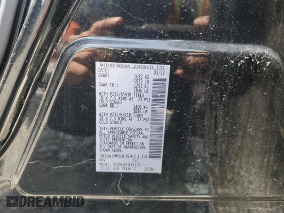 2013 Nissan Pathfinder SV with VIN 5N1AR2MM3DC641114, listed as a Copart auction lot 52920965 with 113,832 mi miles and Clean Title. Bid and sale history available at carsss.com. Image 13.