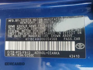 2009 Toyota Camry with VIN 4T1BE46K89U354568, listed as a Copart auction lot 45355125 with 101,117 mi miles and Salvage Title. Bid and sale history available at DreamBid. Image 12.