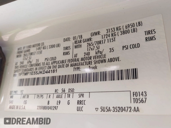 2018 Ford F-150 XL with VIN 1FTMF1E55JKD44181, listed as a IAAI auction lot 41626901 with 217,486 mi miles and . Bid and sale history available at DreamBid. Image 9.