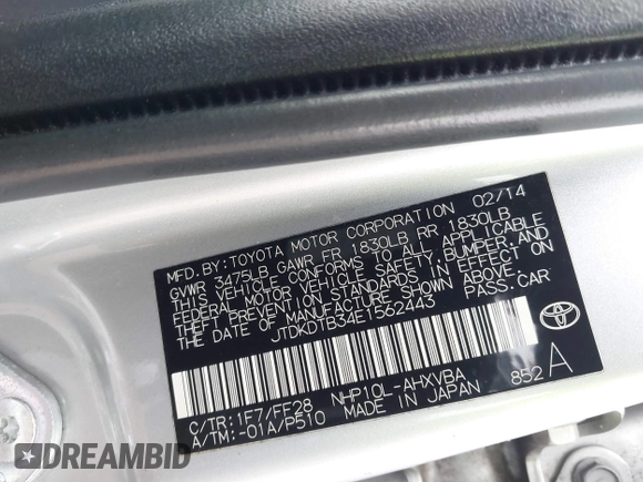 2014 Toyota Prius One with VIN JTDKDTB34E1562443, listed as a IAAI auction lot 42110012 with 144,120 mi miles and . Bid and sale history available at DreamBid. Image 9.