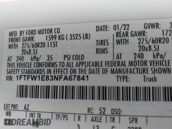 2022 Ford F-150 XL with VIN 1FTFW1E83NFA67841, listed as a IAAI auction lot 41489029 with 34,505 mi miles. Bid and sale history available at carsss.com. Image 9.