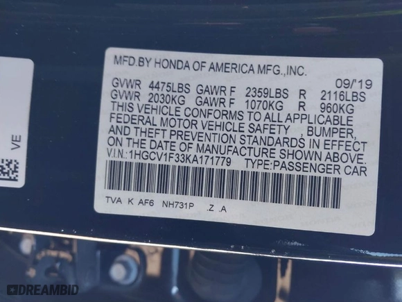 2019 Honda Accord Sedan Sport 1.5T with VIN 1HGCV1F33KA171779, listed as a IAAI auction lot 41581205 with 63,303 mi miles. Bid and sale history available at carsss.com. Image 9.