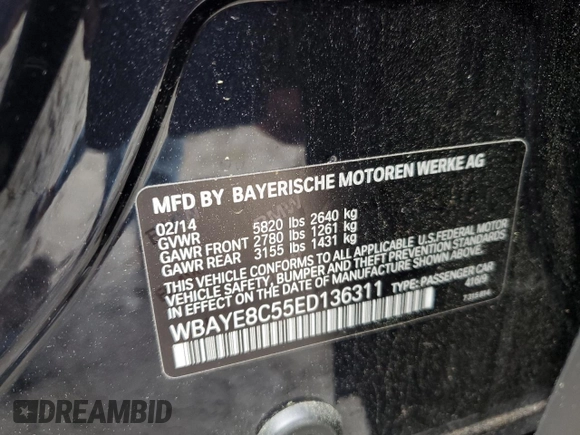 2014 BMW 7 Series ALPINA B7 with VIN WBAYE8C55ED136311, listed as a Copart auction lot 56519375 with 110,542 mi miles and Salvage title. Bid and sale history available at DreamBid. Image 12.