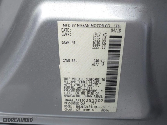 2018 Nissan Altima 2.5 S with VIN 1N4AL3AP1JC251107, listed as a IAAI auction lot 41316957 with 93,434 mi miles. Bid and sale history available at carsss.com. Image 9.