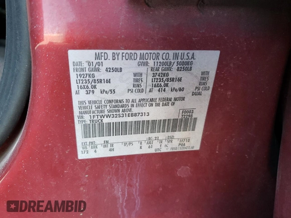 2001 Ford F-350 with VIN 1FTWW32S31EB87313, listed as a Copart auction lot 52333845 with 117,293 mi miles and Salvage title. Bid and sale history available at DreamBid. Image 13.