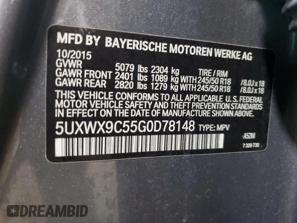 2016 BMW X3 xDrive28i z VIN 5UXWX9C55G0D78148, wystawiony jako Copart lot #56478855 z przebiegiem 88 799 mil mil oraz Szkoda całkowita • Salvage title. Historia ofert i sprzedaży dostępna na DreamBid. Obrazek 12.