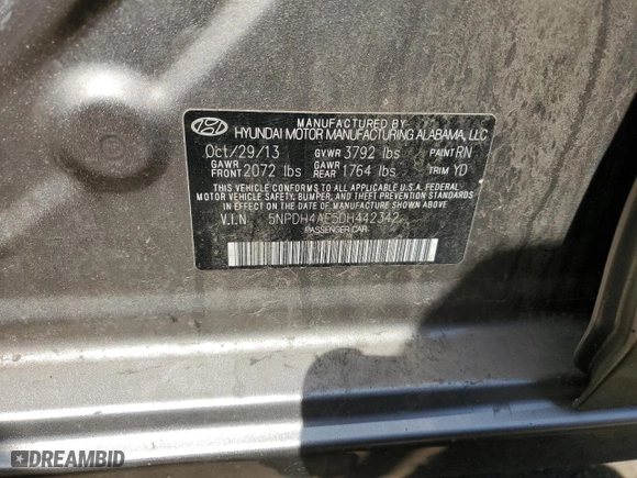 2013 Hyundai Elantra GLS PZEV with VIN 5NPDH4AE5DH442342, listed as a Copart auction lot 52515575 with 109,665 mi miles and Salvage Title. Bid and sale history available at carsss.com. Image 12.