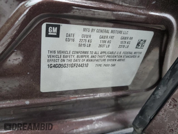 2016 Buick LaCrosse Premium I with VIN 1G4GD5G31GF244310, listed as a Copart auction lot 79024194 with 143,799 mi miles and Salvage title. Bid and sale history available at DreamBid. Image 13.