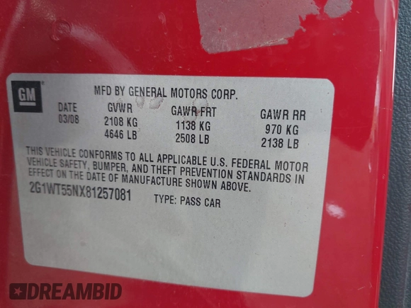 2008 Chevrolet Impala LT with VIN 2G1WT55NX81257081, listed as a IAAI auction lot 41906808 with 166,638 mi miles and . Bid and sale history available at DreamBid. Image 9.