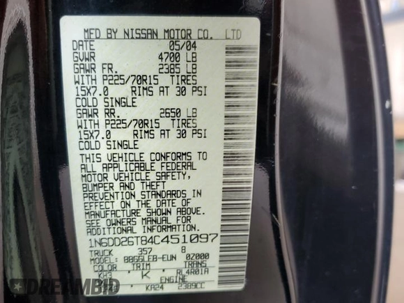 2004 Nissan Frontier XE with VIN 1N6DD26T84C451097, listed as a Copart auction lot 66332335 with Not provided miles and Clean title. Bid and sale history available at DreamBid. Image 12.