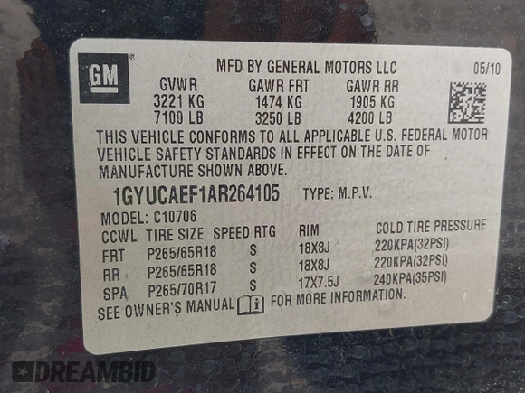 2010 Cadillac Escalade z VIN 1GYUCAEF1AR264105, wystawiony jako IAAI lot #41882488 z przebiegiem 190 113 mil mil oraz . Historia ofert i sprzedaży dostępna na DreamBid. Obrazek 9.