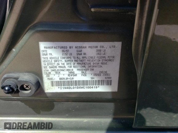 1998 Nissan Altima XE with VIN 1N4DL01DXWC100419, listed as a Copart auction lot 50093335 with 294,139 mi miles and Salvage Title. Bid and sale history available at carsss.com. Image 15.