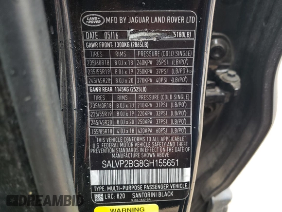 2016 Land Rover Range Rover Evoque SE with VIN SALVP2BG8GH155651, listed as a Copart auction lot 51876115 with 107,976 mi miles and Salvage title. Bid and sale history available at DreamBid. Image 15.