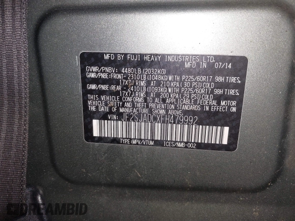 2015 Subaru Forester 2.5i Premium with VIN JF2SJADCXFH479992, listed as a IAAI auction lot 41652655 with 118,430 mi miles. Bid and sale history available at carsss.com. Image 9.