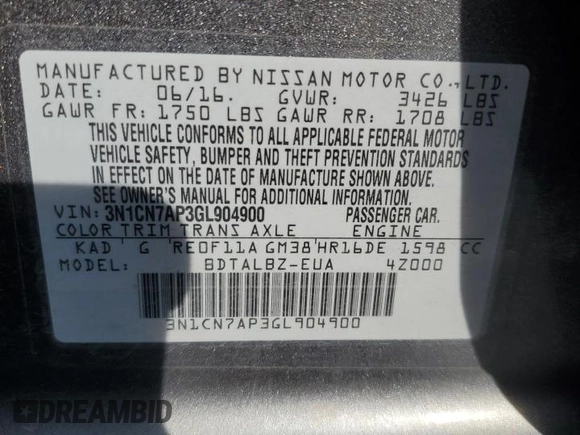 2016 Nissan Versa SV with VIN 3N1CN7AP3GL904900, listed as a Copart auction lot 55420655 with 134,521 mi miles and Salvage title. Bid and sale history available at DreamBid. Image 12.