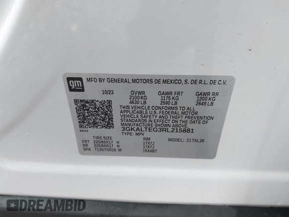 2024 GMC Terrain SLE z VIN 3GKALTEG3RL215881, wystawiony jako IAAI lot #41929569 z przebiegiem Nie podano mil oraz . Historia ofert i sprzedaży dostępna na DreamBid. Obrazek 9.
