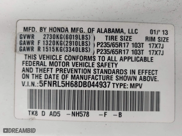 2013 Honda Odyssey EX-L with VIN 5FNRL5H68DB044937, listed as a IAAI auction lot 41196364 with 145,899 mi miles. Bid and sale history available at carsss.com. Image 9.