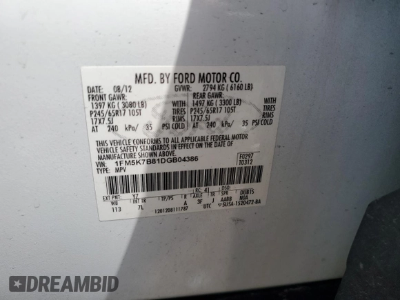 2013 Ford Explorer with VIN 1FM5K7B81DGB04386, listed as a Copart auction lot 56817415 with Not provided miles and Salvage title. Bid and sale history available at DreamBid. Image 13.