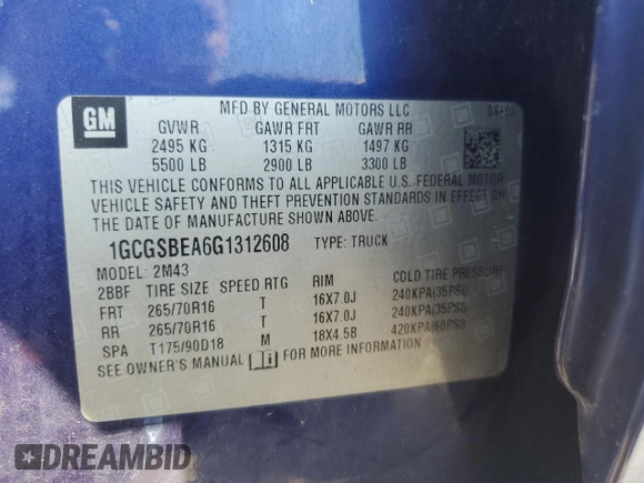 2016 Chevrolet Colorado 2WD WT with VIN 1GCGSBEA6G1312608, listed as a Copart auction lot 55962645 with 125,939 mi miles and Salvage title. Bid and sale history available at DreamBid. Image 12.