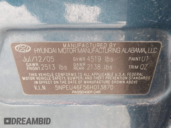 2006 Hyundai Sonata GLS with VIN 5NPEU46F56H013870, listed as a IAAI auction lot 42060349 with 167,475 mi miles and . Bid and sale history available at DreamBid. Image 9.