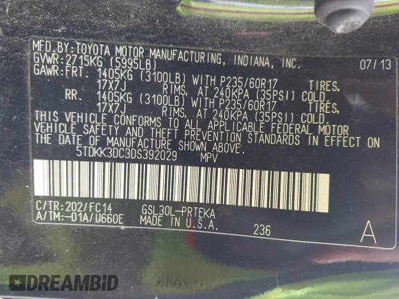 2013 Toyota Sienna LE AAS with VIN 5TDKK3DC3DS392029, listed as a IAAI auction lot 42366000 with 199,237 mi miles and . Bid and sale history available at DreamBid. Image 9.