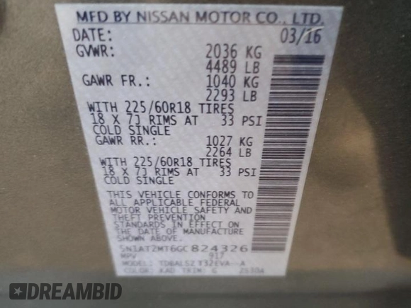 2016 Nissan Rogue SV with VIN 5N1AT2MT6GC824326, listed as a Copart auction lot 88476785 with 70,111 mi miles and Salvage Title. Bid and sale history available at carsss.com. Image 13.