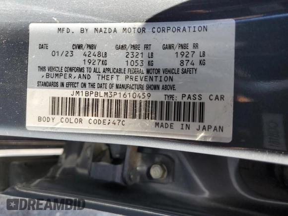 2023 Mazda 3 S Carbon Edition with VIN JM1BPBLM3P1610459, listed as a Copart auction lot 46772615 with 29,024 mi miles and Salvage title. Bid and sale history available at DreamBid. Image 12.