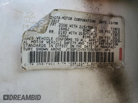 1999 Toyota RAV4 with VIN JT3GP10V5X7050507, listed as a Copart auction lot 44421725 with 230,314 mi miles and Clean Title. Bid and sale history available at DreamBid. Image 12.